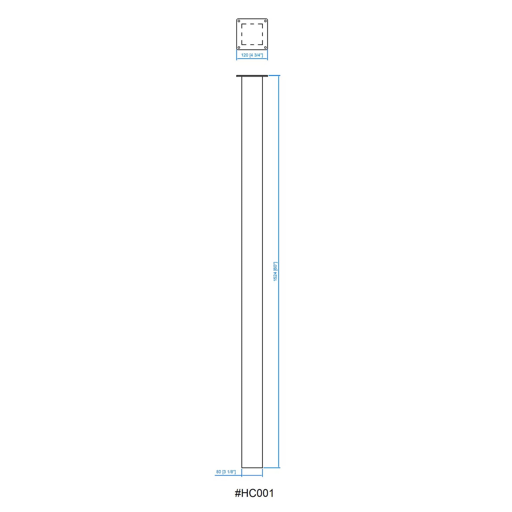 Technical drawing of HC004 mailbox post showing overall height and square tube dimensions for installation reference