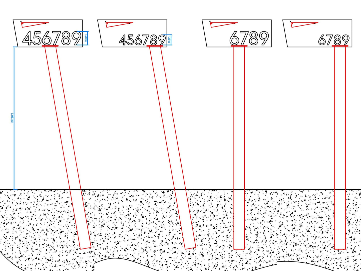 Installation diagram showing HC004 mailbox post mounting options, including vertical and angled ground installation methods