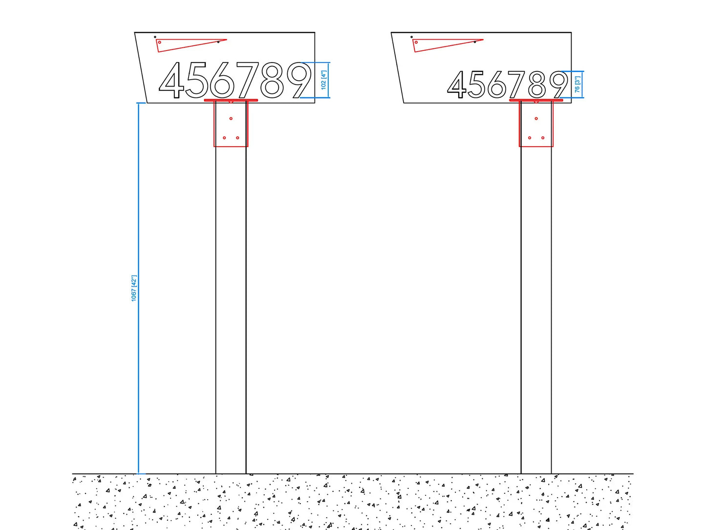 Technical drawing of HC006 mailbox post bracket with dimensions and mounting details