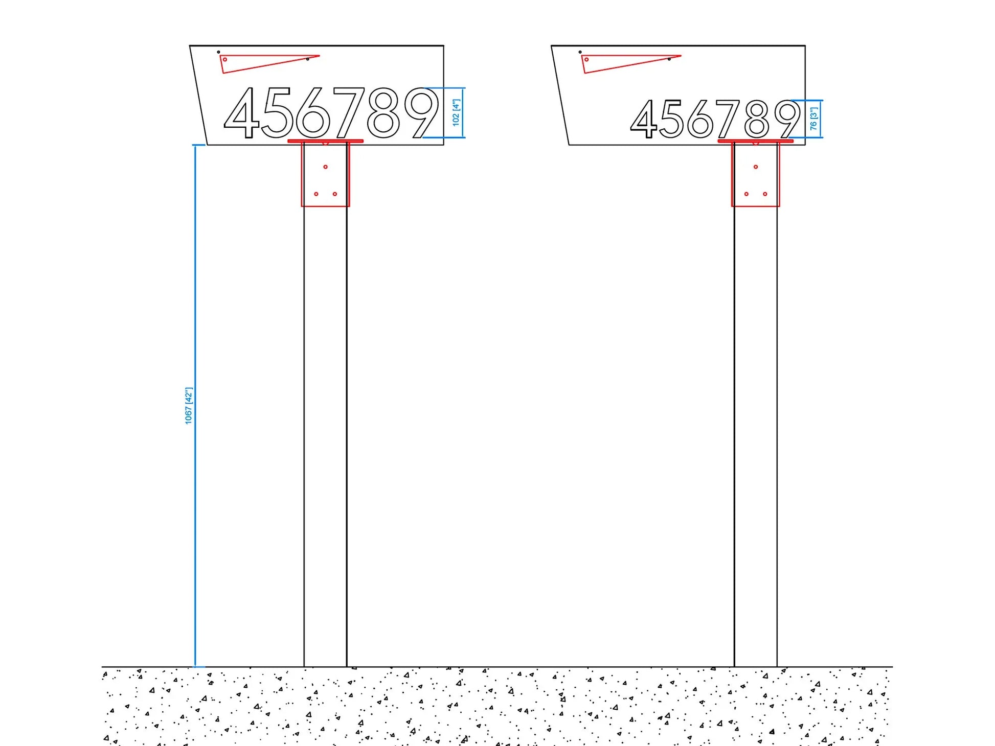 Technical drawing of HC006 mailbox post bracket with dimensions and mounting details