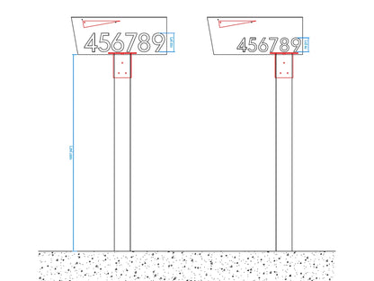 Technical drawing of HC006 mailbox post bracket with dimensions and mounting details