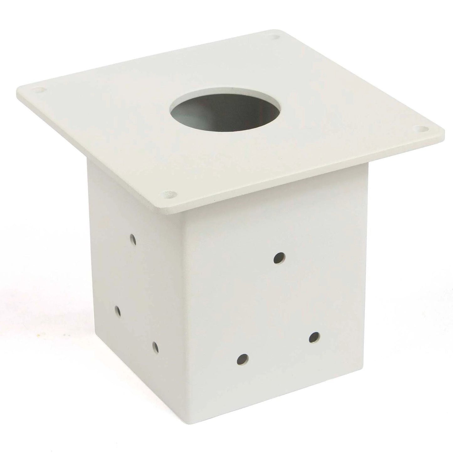 White steel mailbox post bracket with square mounting plate and center hole, angled view