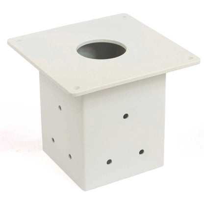 White steel mailbox post bracket with square mounting plate and center hole, angled view