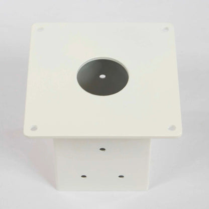 Top view of white mailbox post bracket showing square plate with center hole