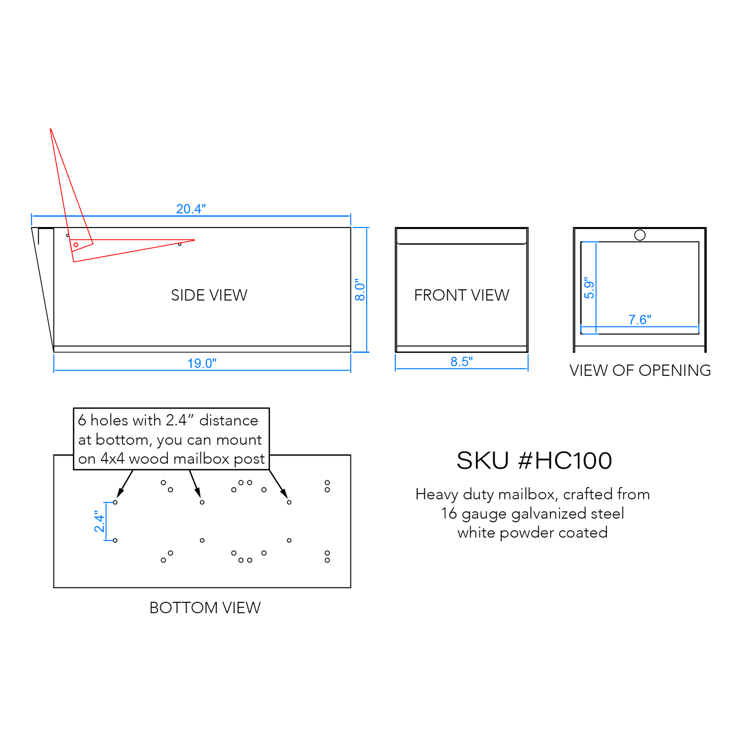 Technical drawing showing dimensions and views of HC100 steel mailbox