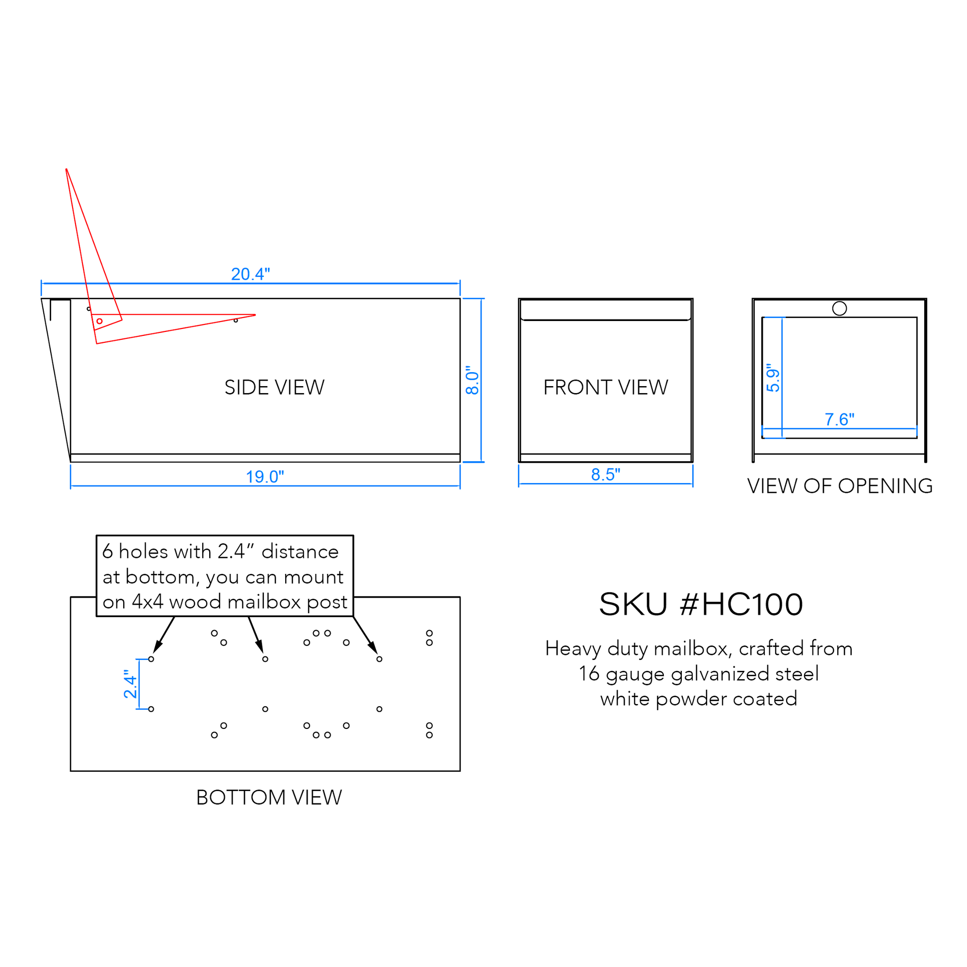 Technical drawing showing dimensions and views of HC100 steel mailbox