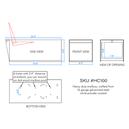 Technical drawing showing dimensions and views of HC100 steel mailbox