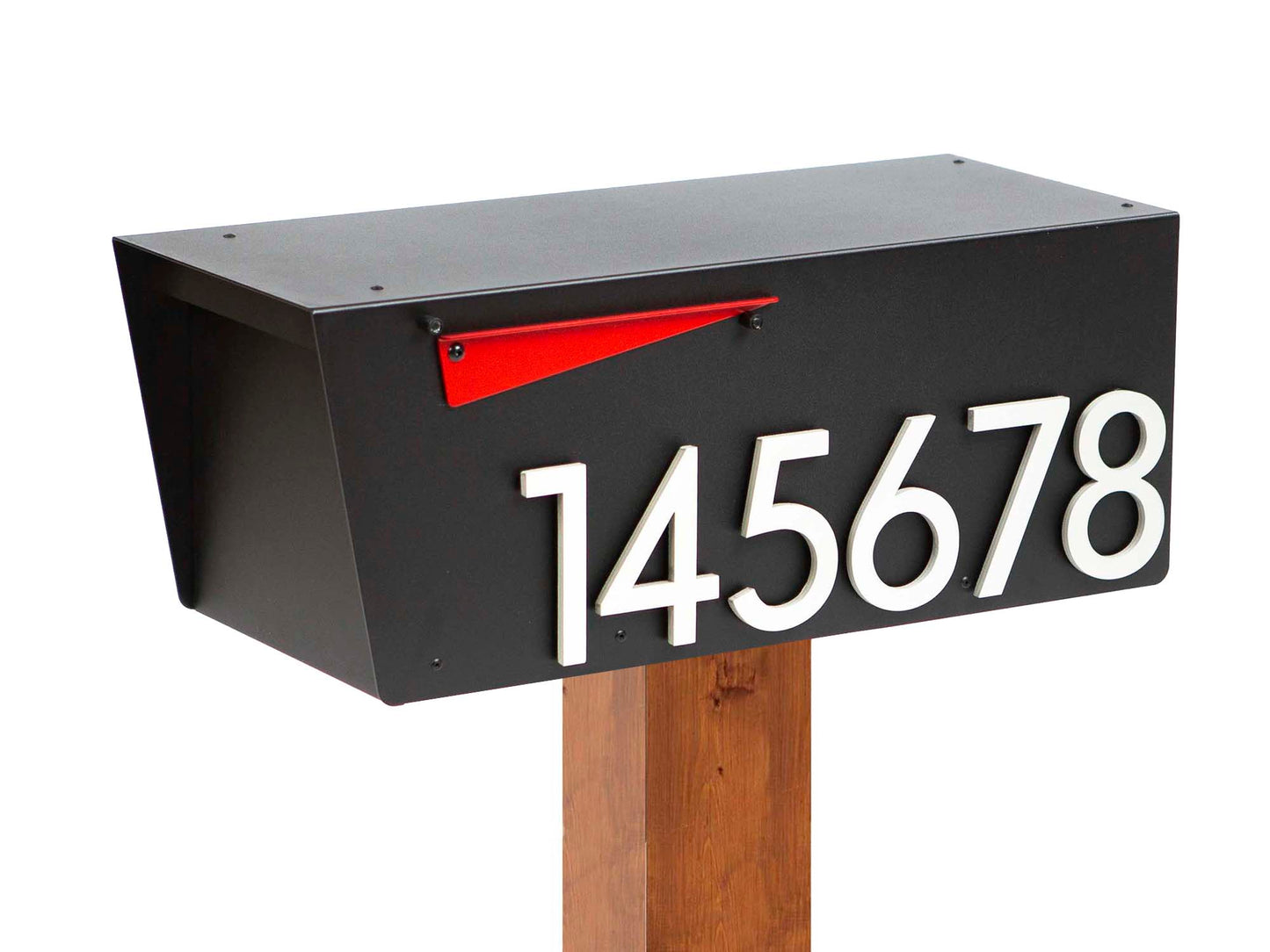 Modern black mailbox with white house numbers and red flag