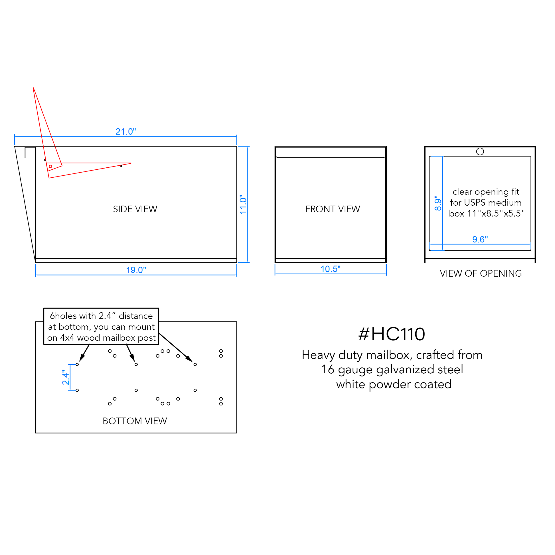 HC111 white modern mailbox with black house numbers mounted on front