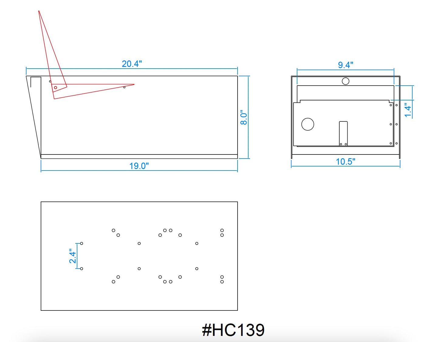 HC139 mailbox technical drawing showing dimensions, mounting hole layout, and post installation options