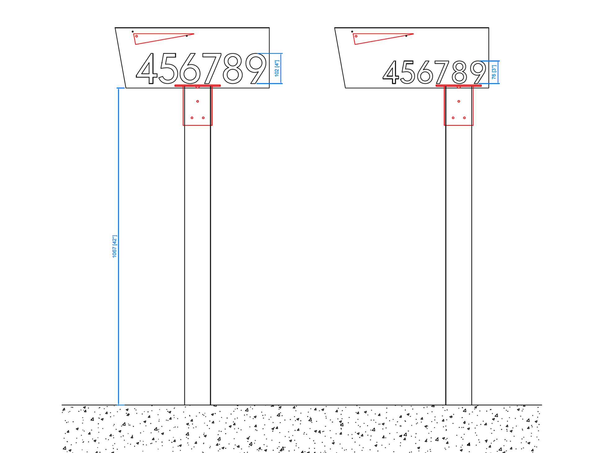 Front view diagram of HC139 modern mailbox showing post height, address number size options, and mounting position