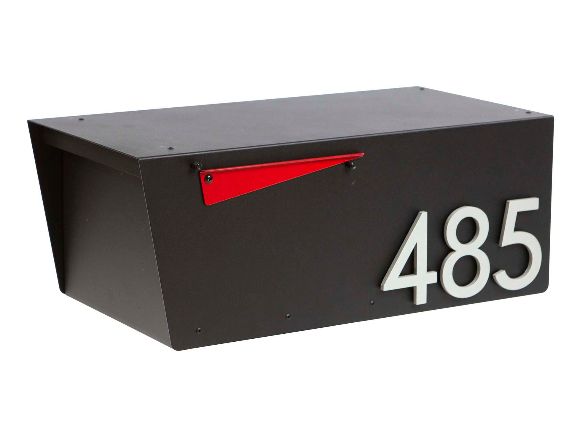 HC139 modern black steel mailbox with red flag in closed position