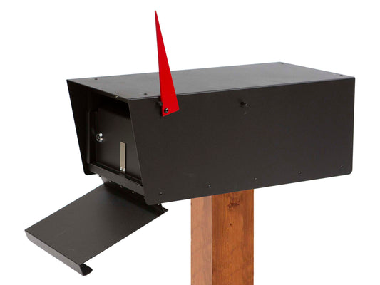 HC139 modern black metal mailbox with front drop-down door open, mounted on wood post
