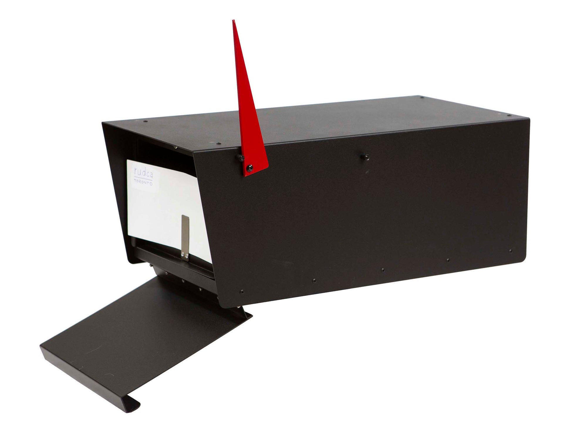 HC139 modern black mailbox with open front door showing mail storage interior