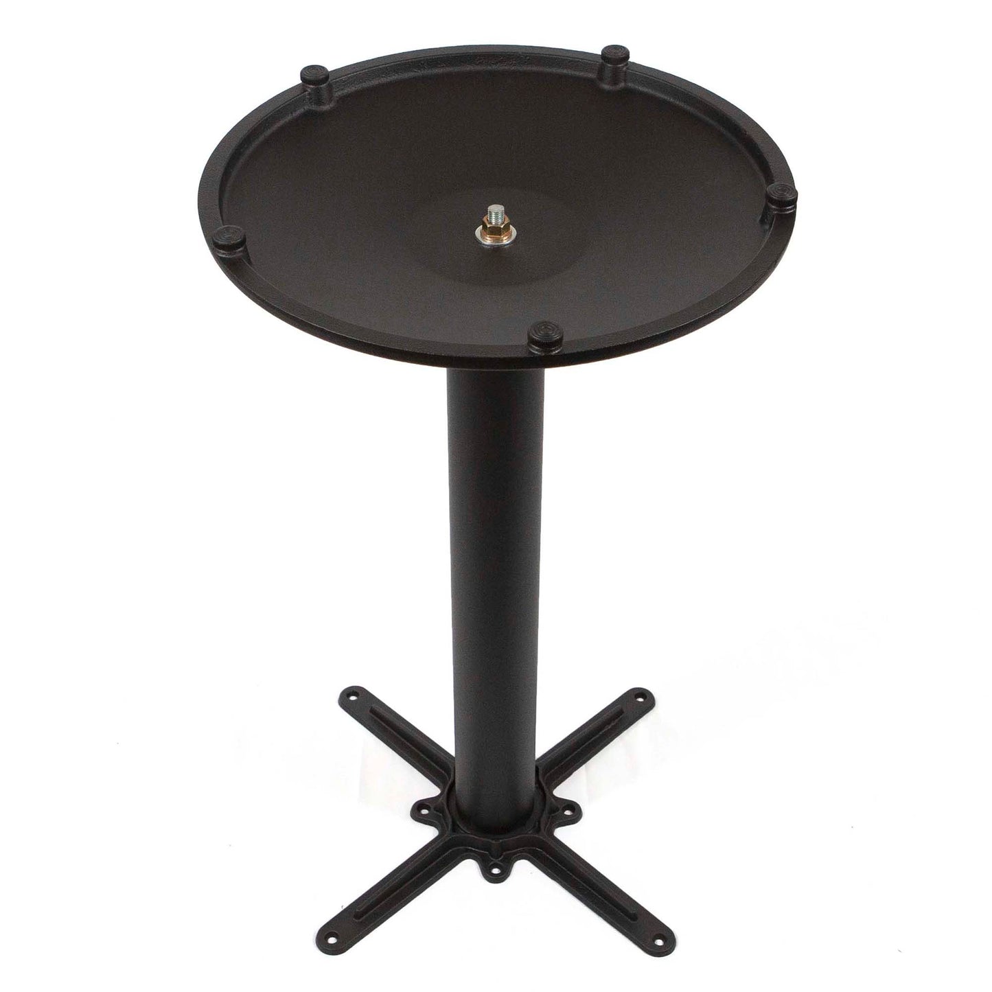 underside view of round cast iron table base showing cross support and adjustable feet
