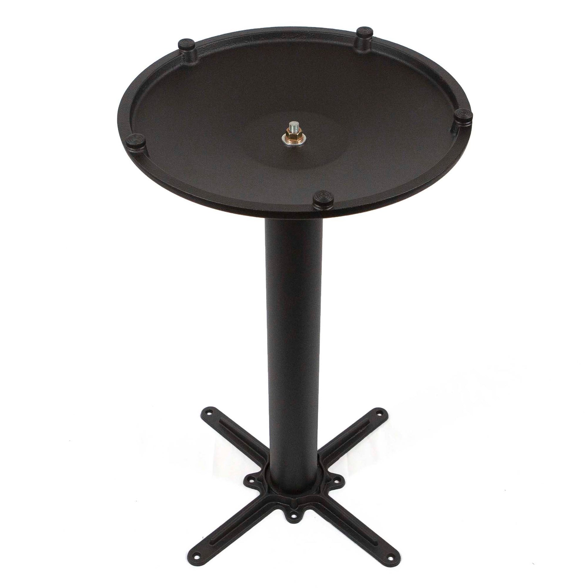 underside view of round cast iron table base showing cross support and adjustable feet