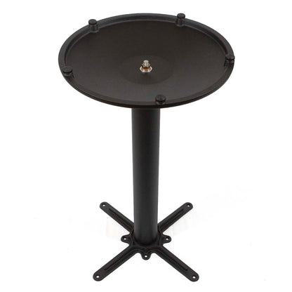 underside view of round cast iron table base showing cross support and adjustable feet