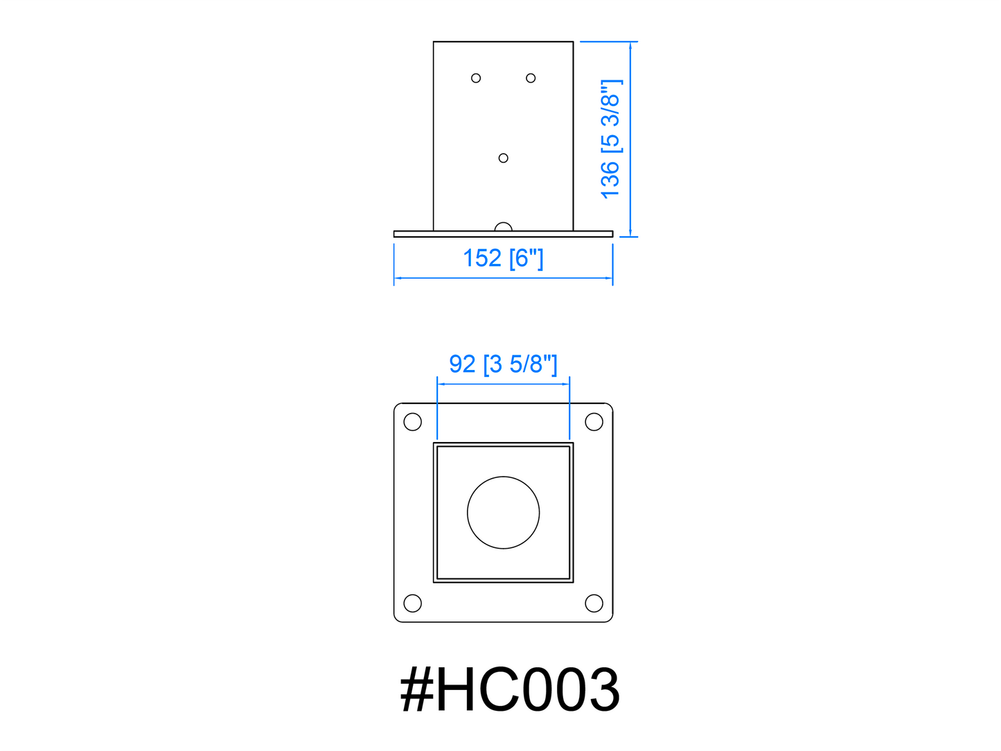 HC003 mailbox post bracket dimension drawing showing height, base plate size, and mounting hole layout