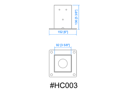 HC003 mailbox post bracket dimension drawing showing height, base plate size, and mounting hole layout