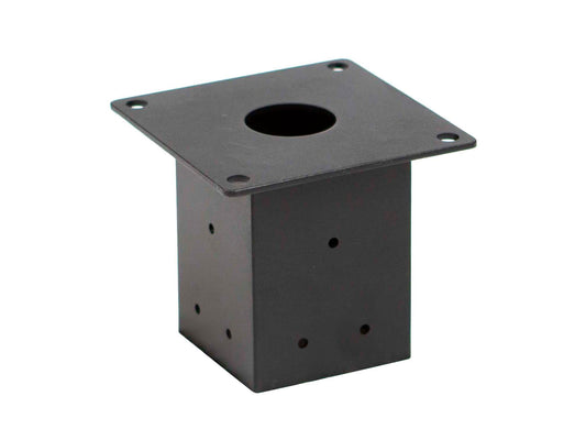 Steel mailbox post bracket HC003 in black powder coat with square mounting plate and pre-drilled holes