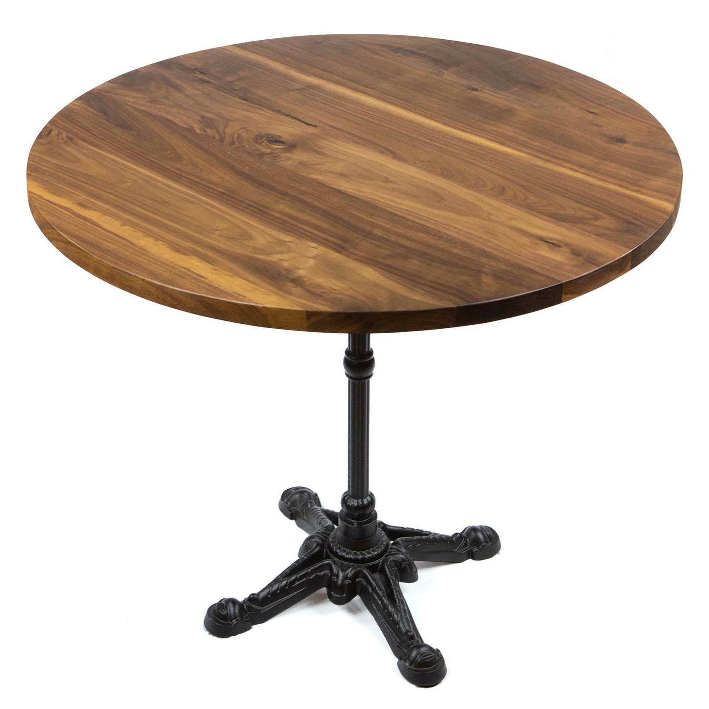 restaurant table with black walnut top and cast iron base