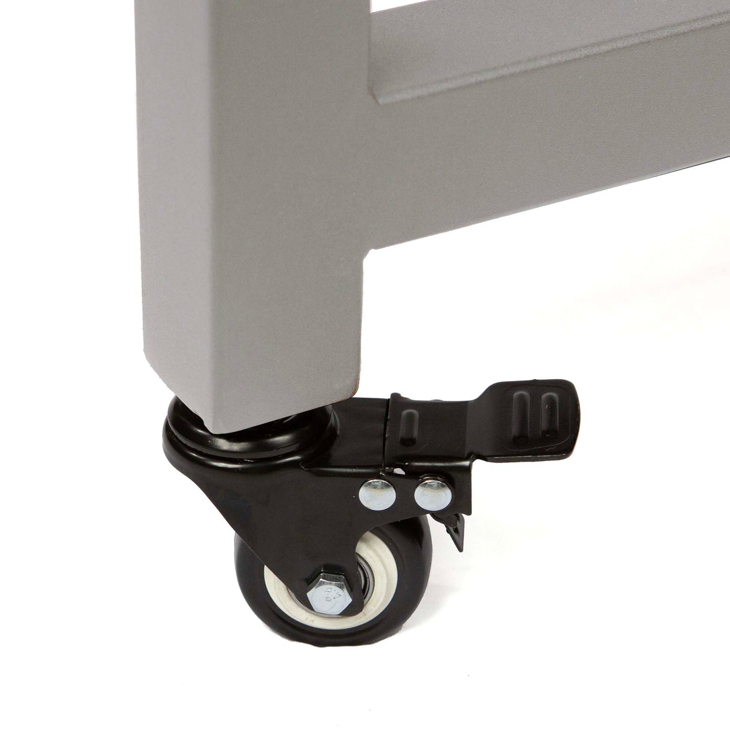 Table leg caster wheel with locking brake installed on square metal leg, heavy duty furniture caster
