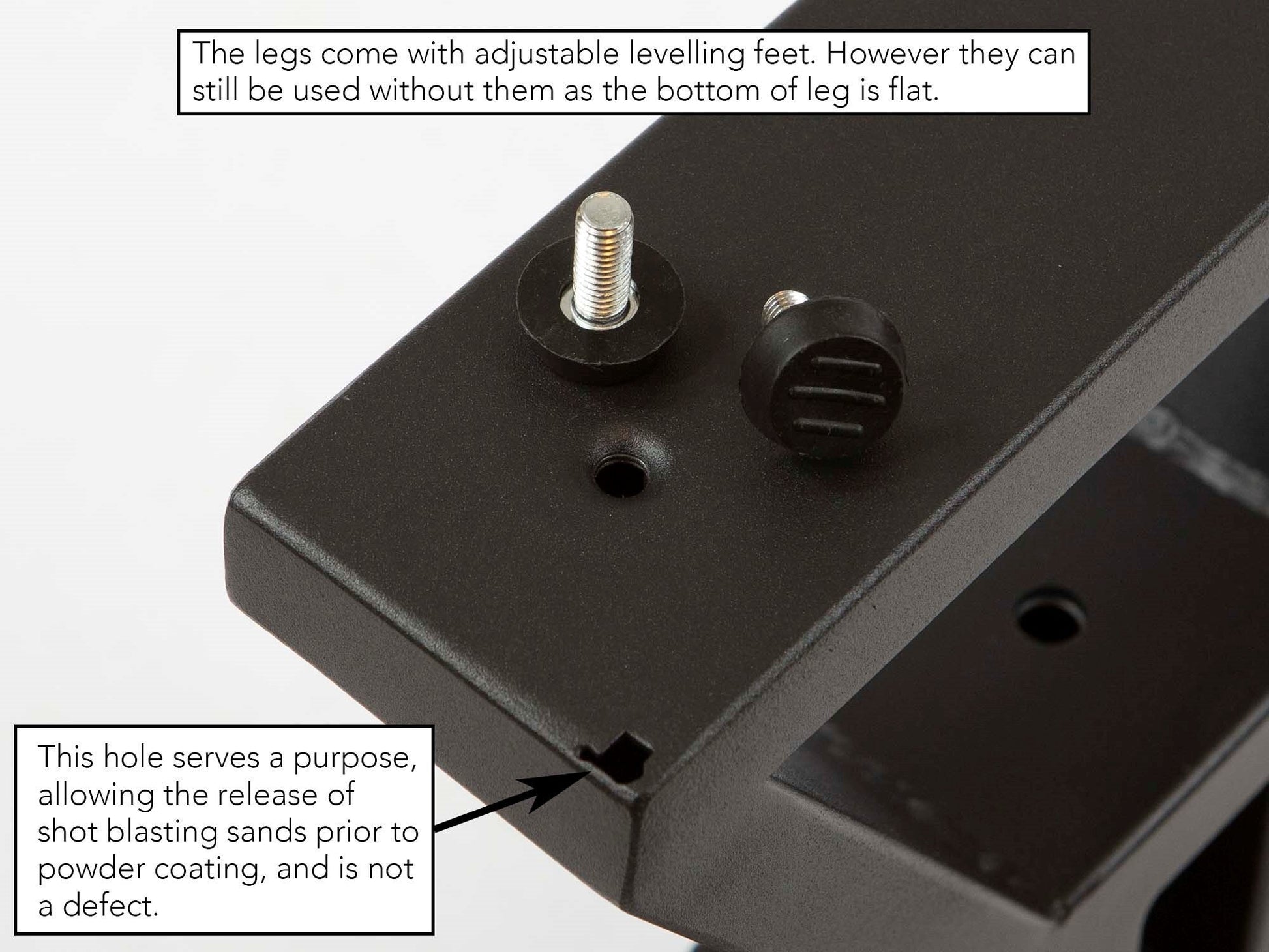 close-up of trapezoid aluminum bench leg showing adjustable leveling feet and drainage hole