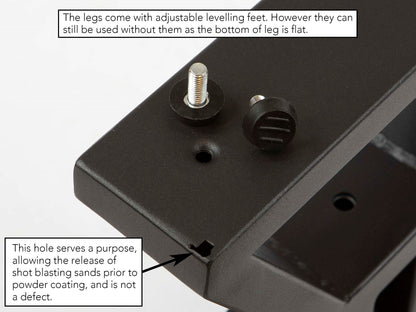 close-up of trapezoid aluminum bench leg showing adjustable leveling feet and drainage hole