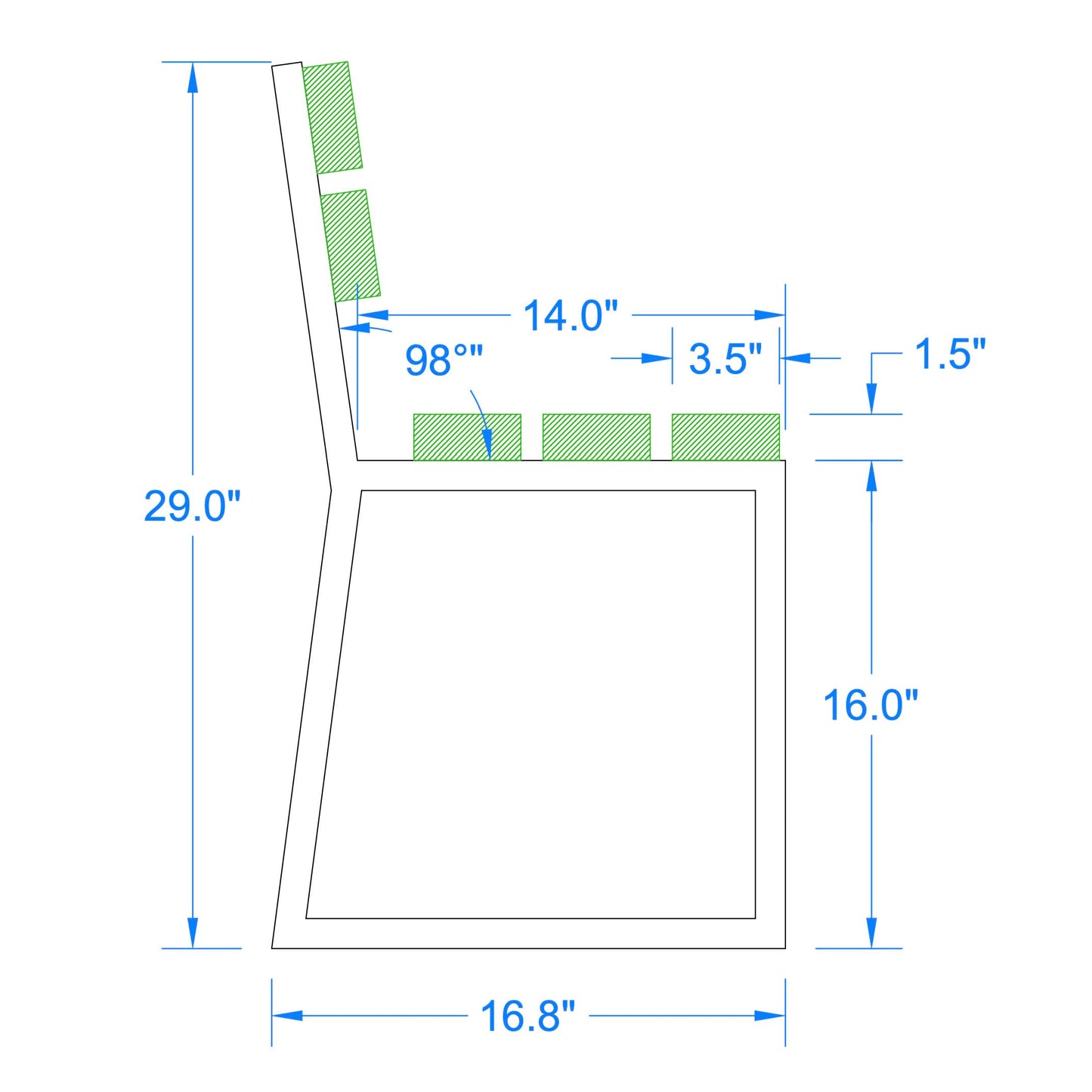 technical drawing showing dimensions and angles of trapezoid aluminum bench legs with backrest
