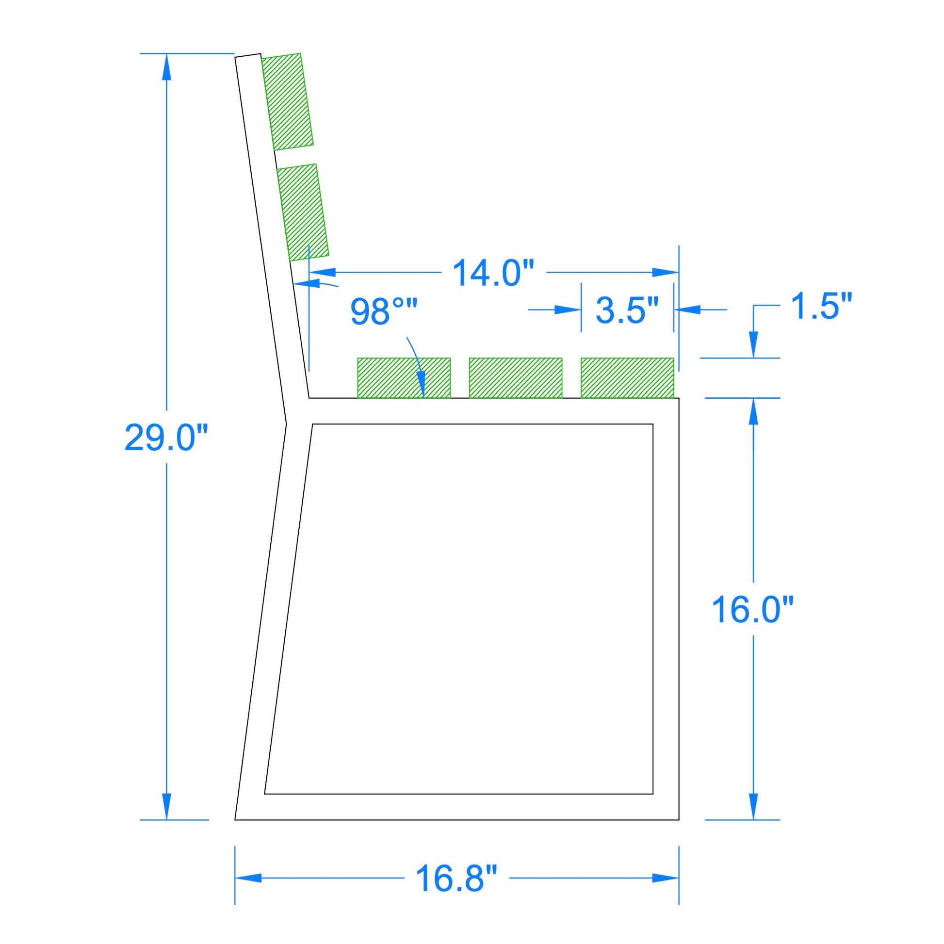 technical drawing showing dimensions and angles of trapezoid aluminum bench legs with backrest
