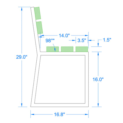 technical drawing showing dimensions and angles of trapezoid aluminum bench legs with backrest
