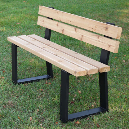 Rusty Design trapezoid aluminum bench legs with backrest supporting a wooden outdoor bench