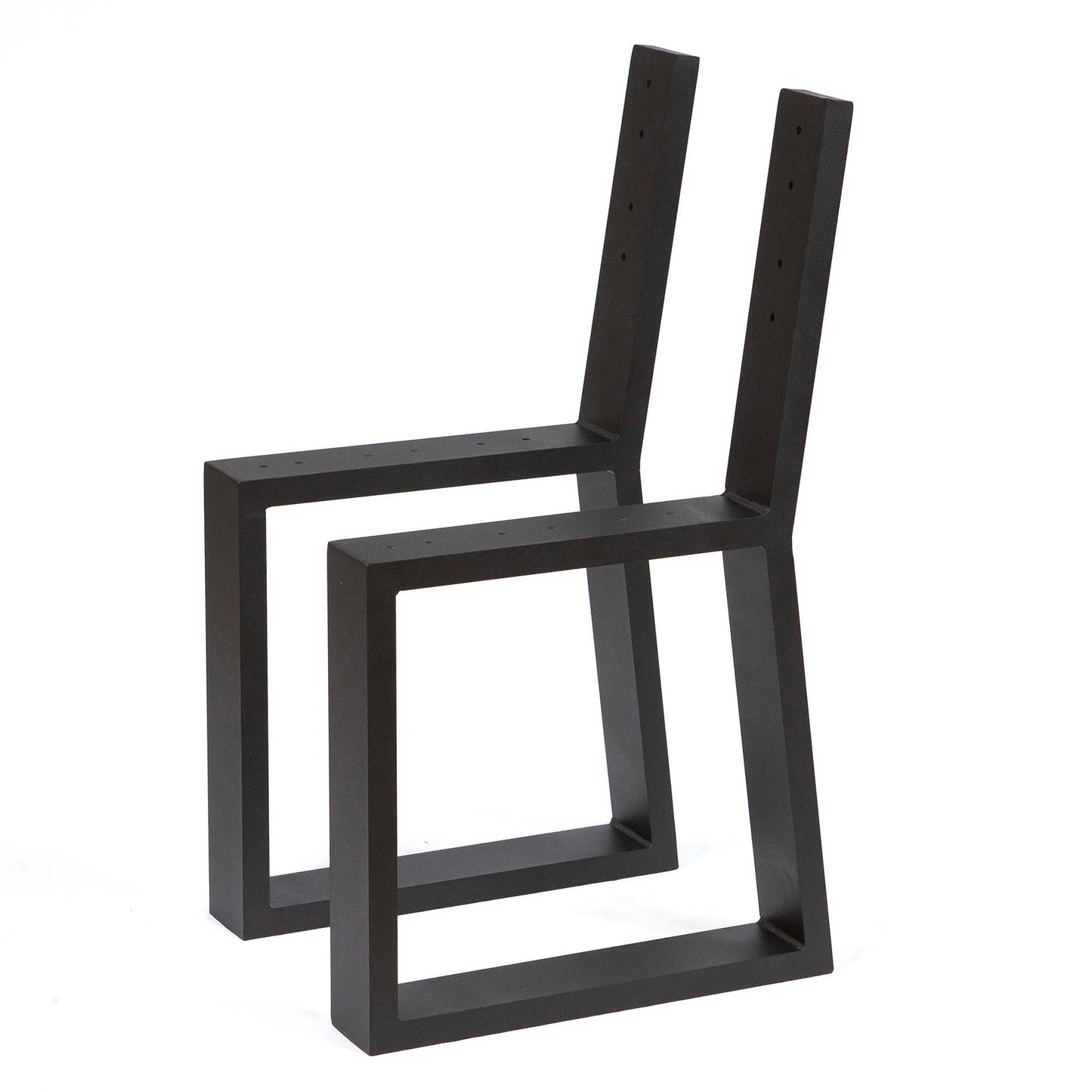side view of black trapezoid aluminum bench legs with raised backrest mounting points