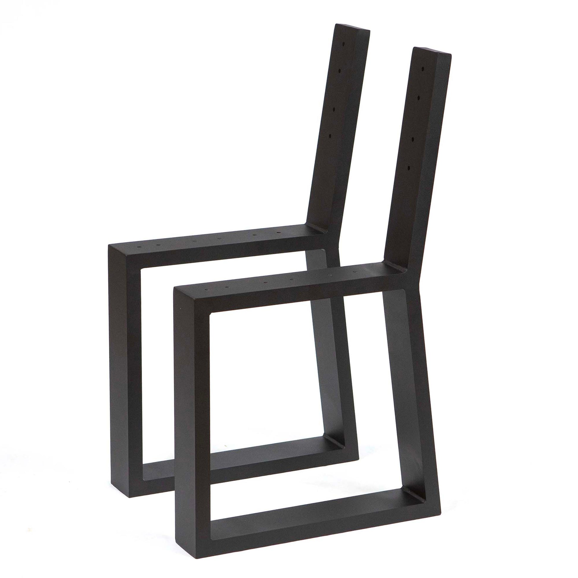 side view of black trapezoid aluminum bench legs with raised backrest mounting points