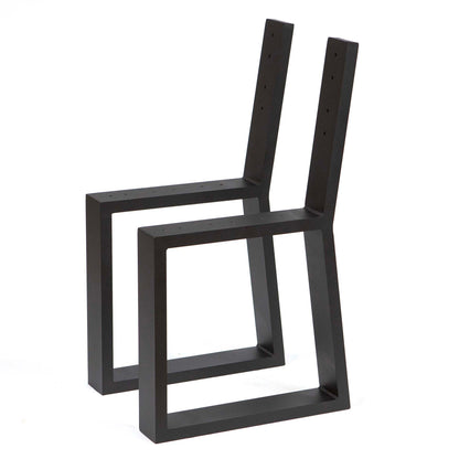 side view of black trapezoid aluminum bench legs with raised backrest mounting points
