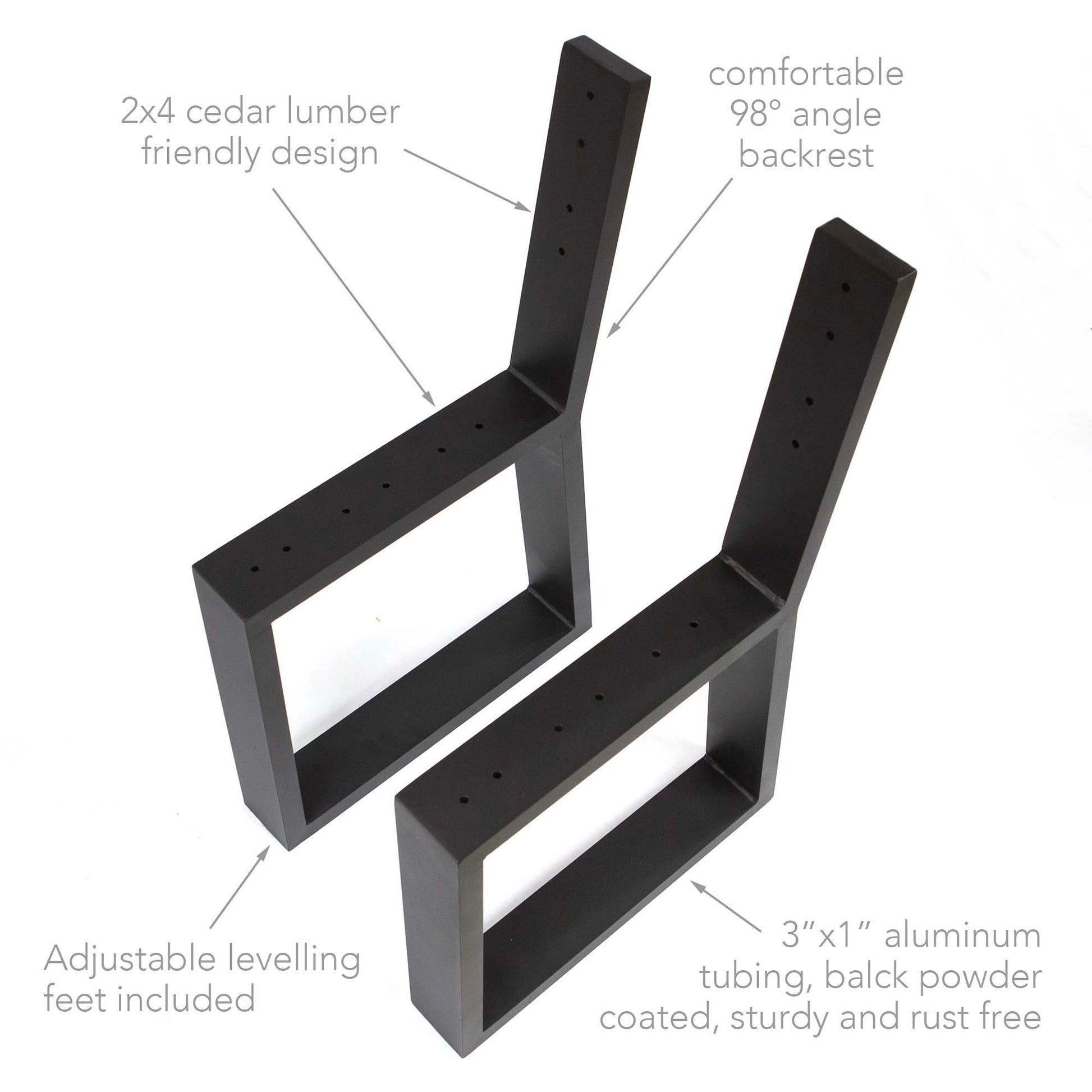 trapezoid aluminum bench legs with angled backrest supports shown on white background