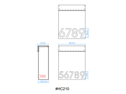 HC210 wall mounted mailbox dimensions and technical drawing