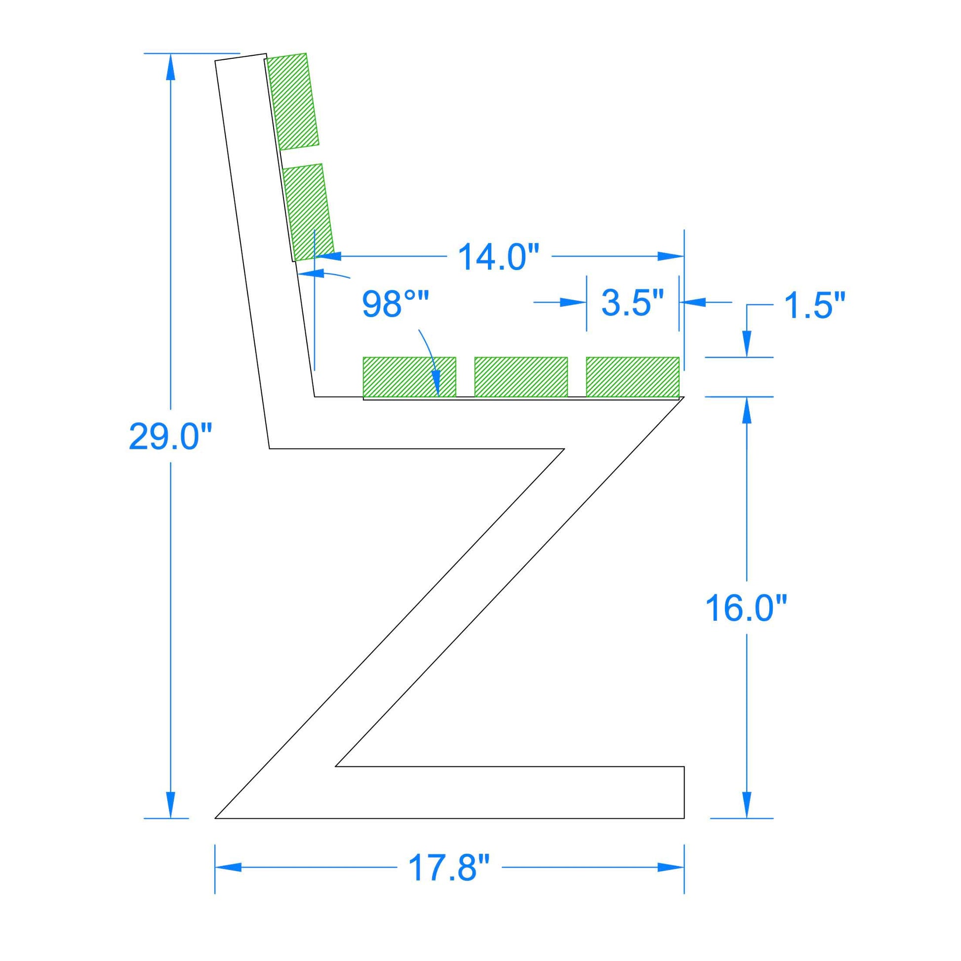 technical drawing showing dimensions and angles of zig zag aluminum bench legs with backrest