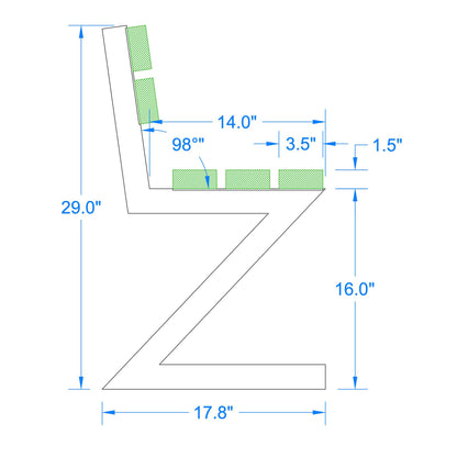 technical drawing showing dimensions and angles of zig zag aluminum bench legs with backrest