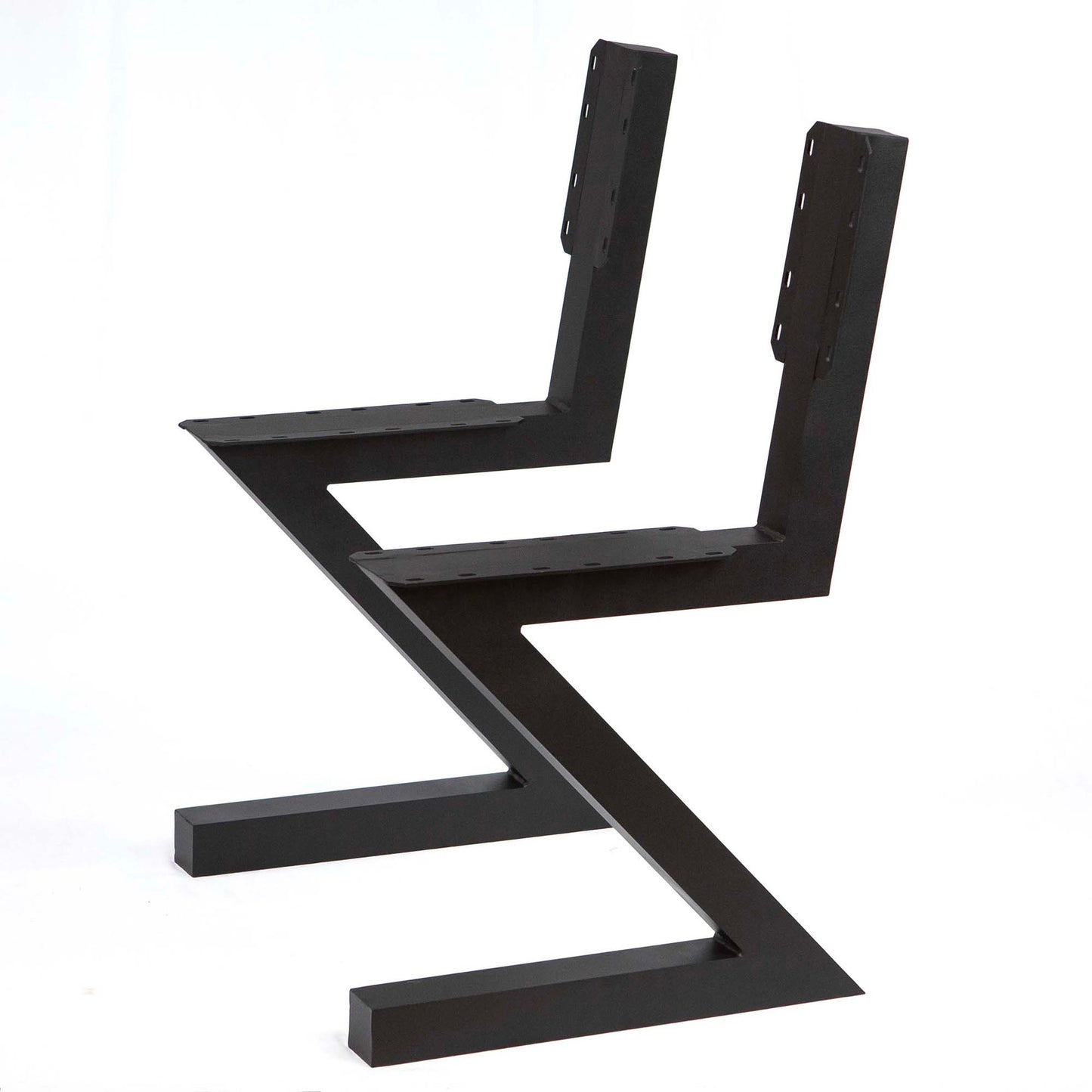 side view of black zig zag aluminum bench legs with raised backrest mounting points