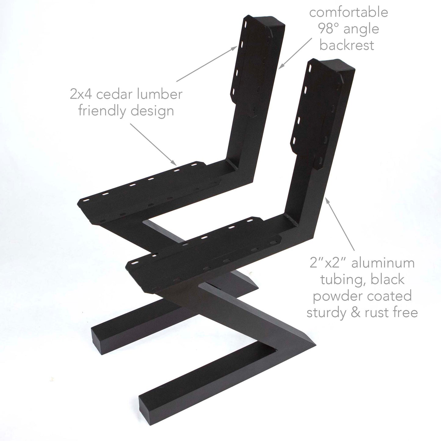 zig zag aluminum bench legs with angled backrest supports shown on white background
